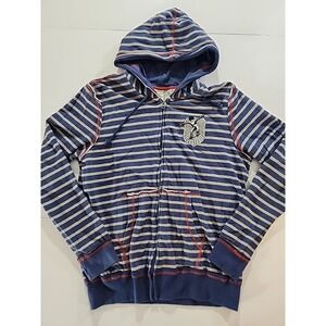 VTG Open Trails Hoodie Mens Large L Blue Striped Zip Up Sweatshirt Skater Y2K